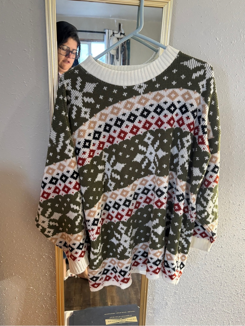 Vintage Olive Green Fair Isle Crewneck Sweater with Cream, Red & Black Accents